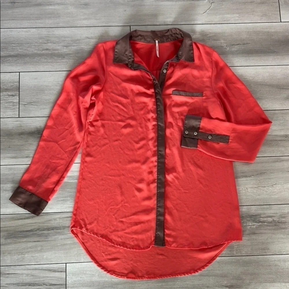 Free People coral brown sheer button up blouse shirt top size small